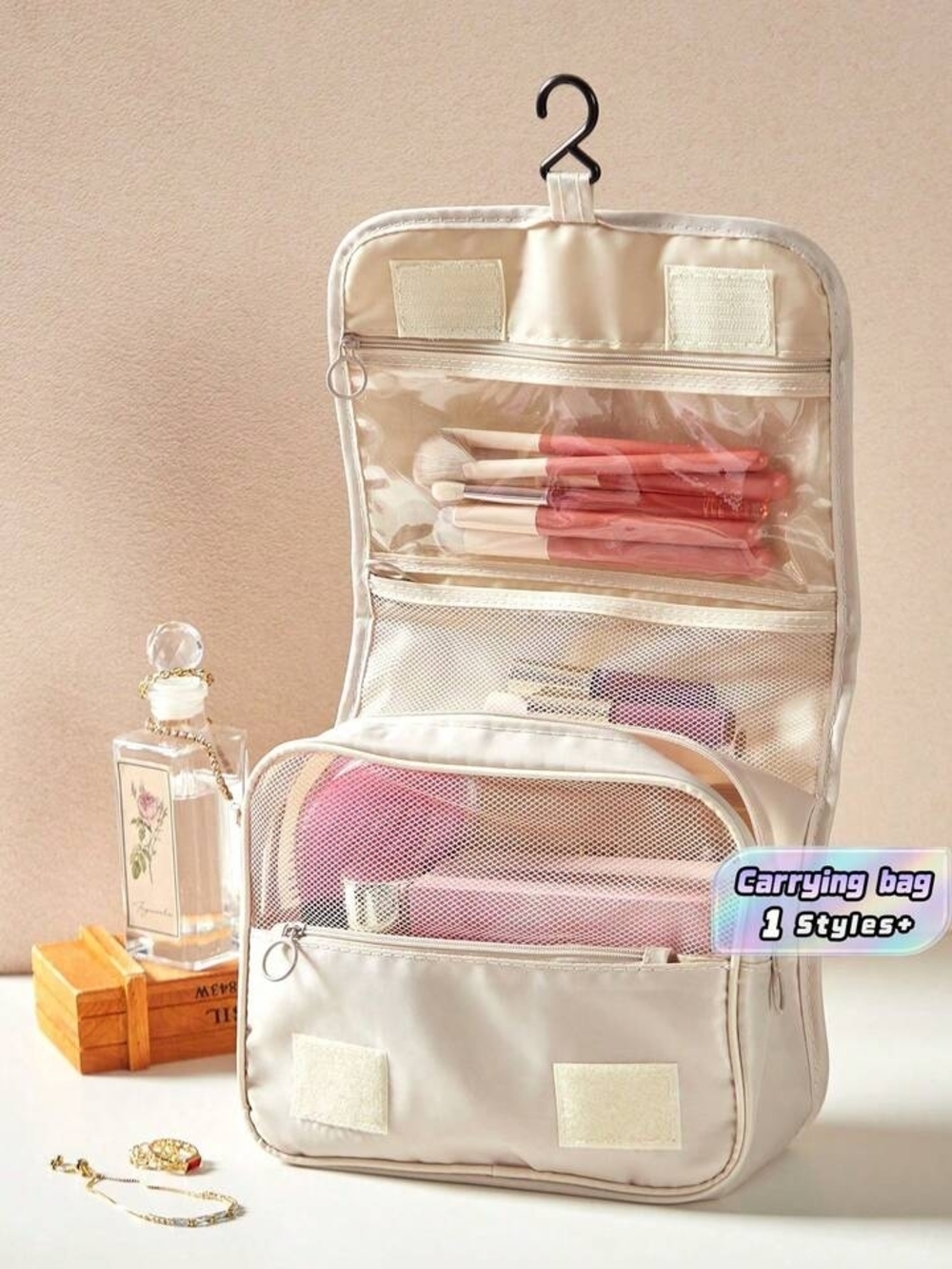 Cream Hanging Travel Toiletry Bag with Multiple Compartments